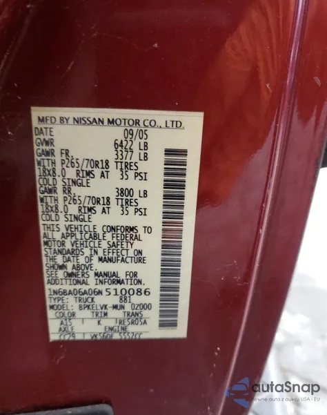 2006 Nissan Titan Xe из США, поврежденный, VIN 1N6BA06A06N510086